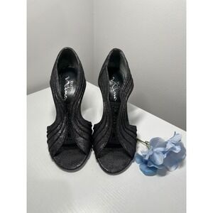 Touch of Nina Metallic Pewter Pleated Peep Toe Heels Size 6M Beaded Evening Pump